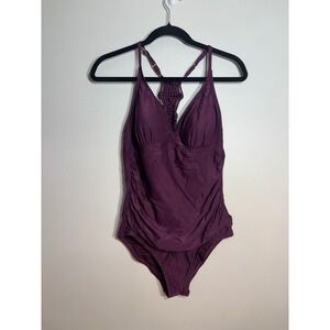 Firpearl Womens One Piece Swimsuit Purple Ruched V-Neck Size 12